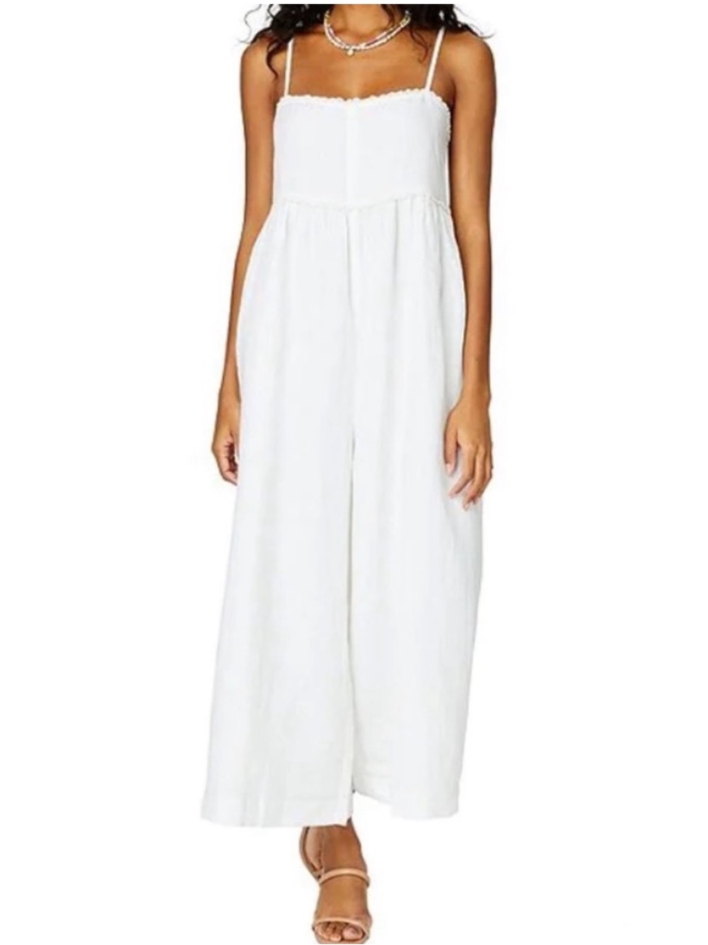 Roller Rabit Devon 100% Linen Square Neck Beach Coastal Wide Leg Jumpsuit Sz L
